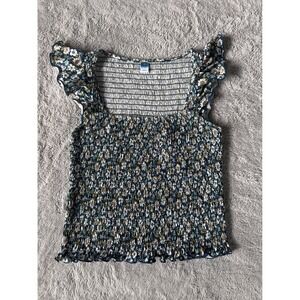 Old Navy Smocked Floral Top Navy Blue Daisy Ruffle Flutter Sleeve Square Neck M